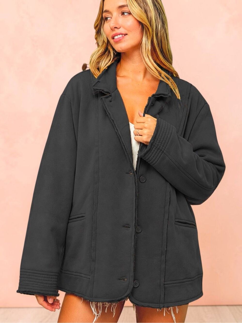 BiBi Charcoal Oversized Blazer Jacket Washed Black Knit Raw Edge Button Front - Picture 2 of 7